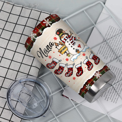 Grandma Gifts, Nana Established Name Tumbler, Personalized Christmas Family Cup, Plaid Stockings Drinkware, Christmas Tumbler, Checkered Stockings Family Names, Personalized Tumbler, Gifts For Nana From Grandkids, 20oz With Lid Travel Cup, Gifts For Mothe