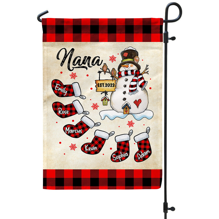 Nana Garden Flag, Custom Grandkids Names Outdoor Banner, Red Buffalo Plaid Stockings Yard Decor, Holiday Season Lawn Decor Gifts For Nana From Grandkids, Double Sided Outside Welcome