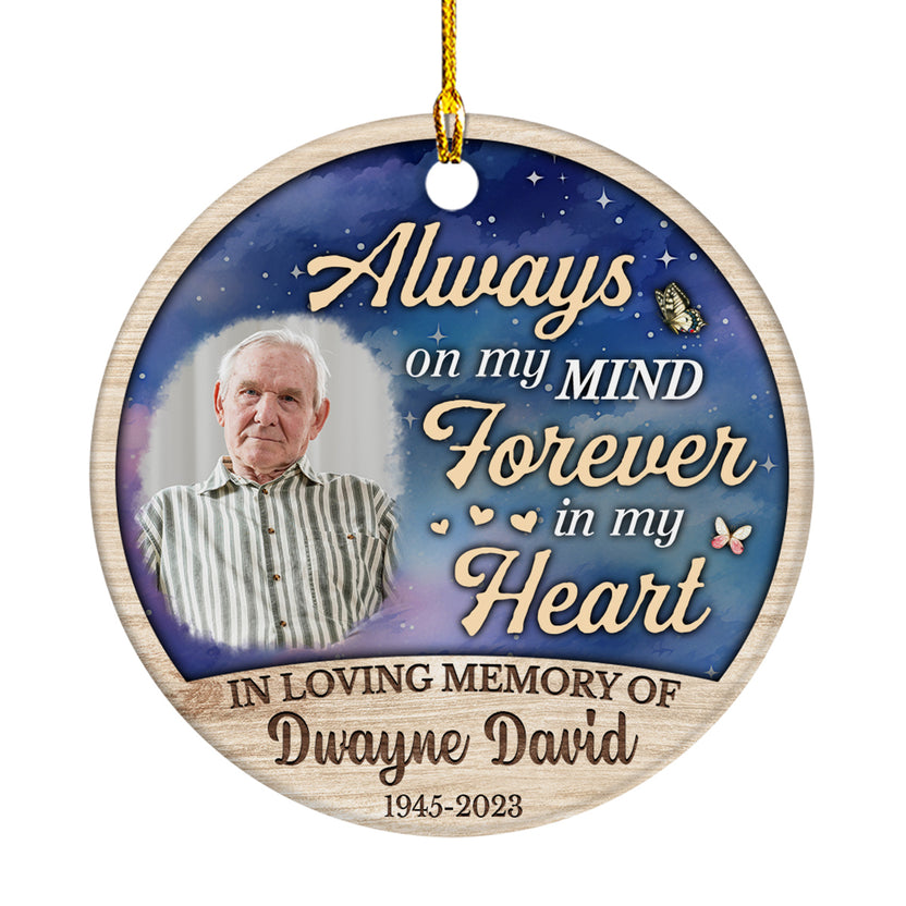 Memorial Gifts, Personalized Photo Memorial Ornament, Always In Mind Forever In Heart Wooden Background Circle Ornament For Loss Of Mom Dad, Xmas Tree Decoration, Grieving Gifts