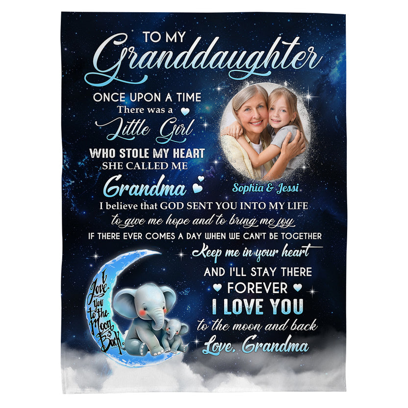 Gifts For Granddaughter, She Called Me Grandma Elephants With Moon And Upload Photo, Personalized Blanket, Gifts For Granddaughter From Grammy Fleece Sherpa Blanket, Gifts For Christmas