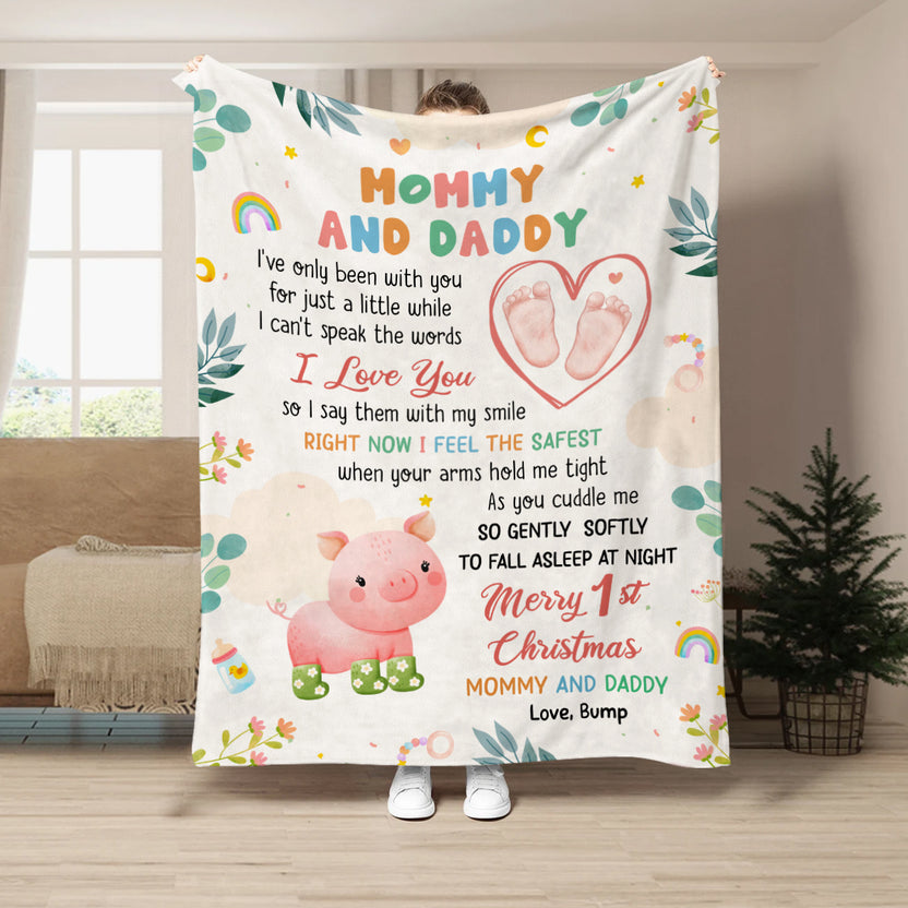 Merry 1st Christmas Mommy Daddy I've Only Been With You A While Footprint Baby Pig, Personalized Blanket, Gifts For New Parents, Fleece Sherpa Blanket, New Parents, Gifts For Xmas