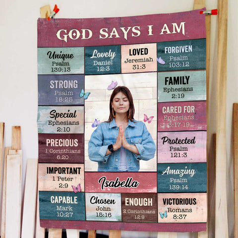 Personalized Blanket For Girl Women Family Friends Religious Gifts God Says I Am Inspirational Positive Thinking Daily Affirmation Mental Health Fleece Sherpa Blanket For Birthday