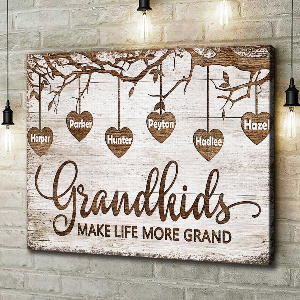 Grandma Gifts, Grandchild Papa And Nana Gifts Grandkids Make Life More Grand Wooden Tree Hearts Personalized Canvas Wall Art, Gifts For Nana Poster Prints Wall Decor, Gifts For Birthday