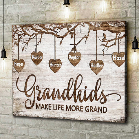 Grandma Gifts, Grandchild Papa And Nana Gifts Grandkids Make Life More Grand Wooden Tree Hearts Personalized Canvas Wall Art, Gifts For Nana Poster Prints Wall Decor, Gifts For Birthday