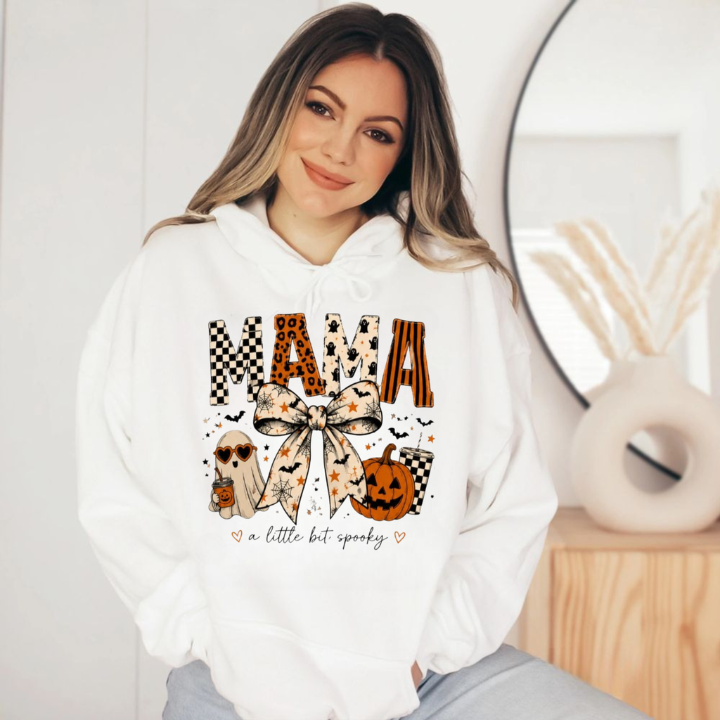 Halloween Mama Shirt, Spooky Mama Bow T Shirt, Mom Halloween Tee, Cute Ghost Pumpkin Shirt, Unisex Crewneck Pullover Tee, Casual Clothing