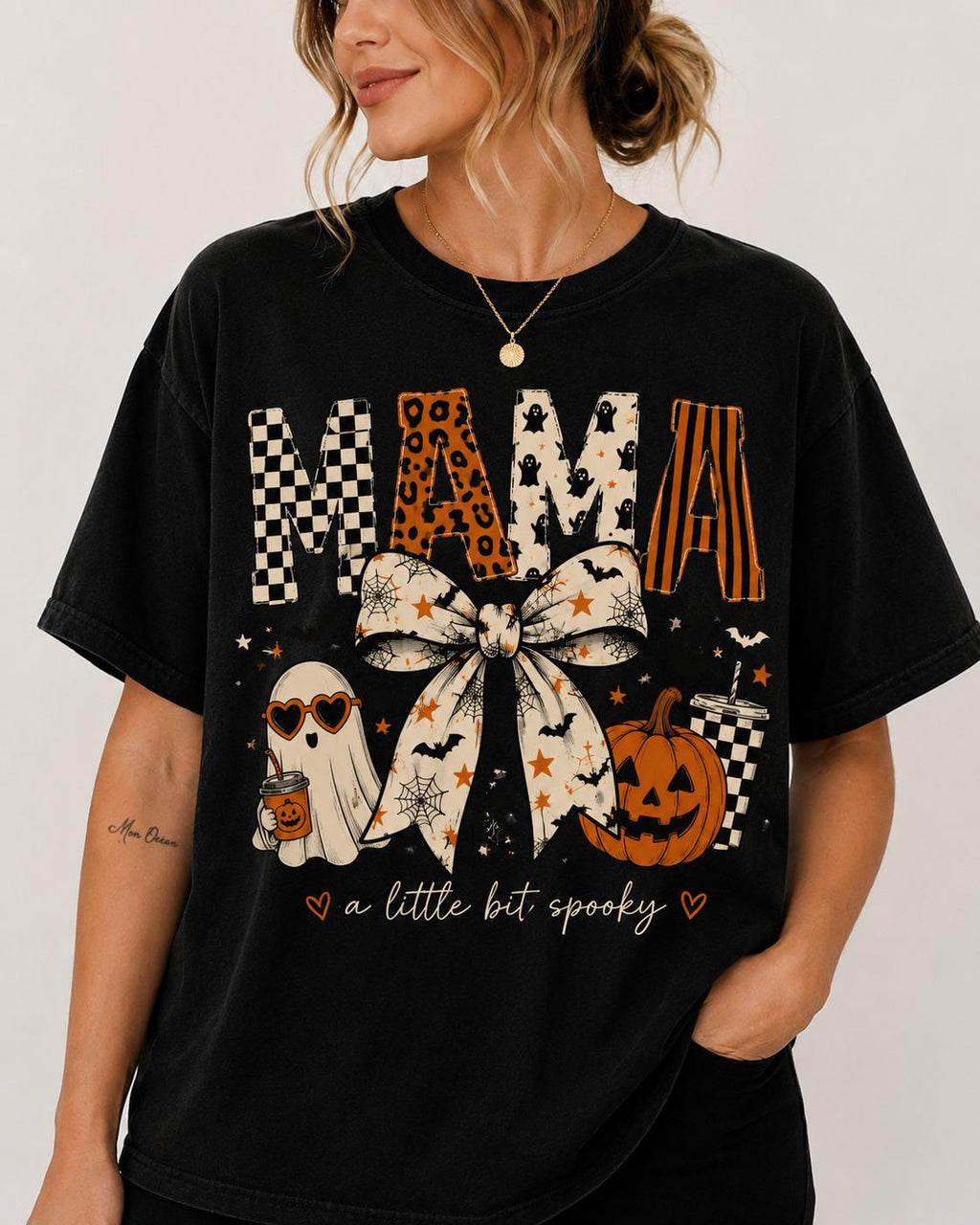 Halloween Mama Shirt, Spooky Mama Bow T Shirt, Mom Halloween Tee, Cute Ghost Pumpkin Shirt, Unisex Crewneck Pullover Tee, Casual Clothing