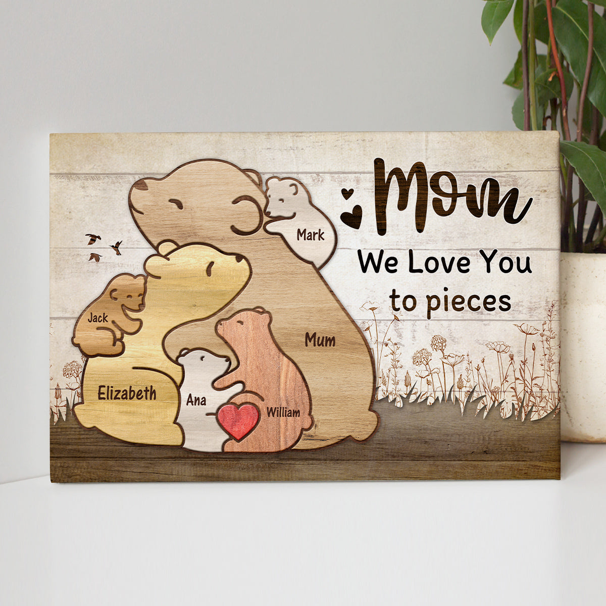 Gifts For Mom, Cute Wooden Pieces Bears Mommy With 5 Kids Hugging, Personalized Canvas Wall Art, Gifts For Mommy Women From Kids Children, Poster Prints Wall Decor, Gifts For Xmas