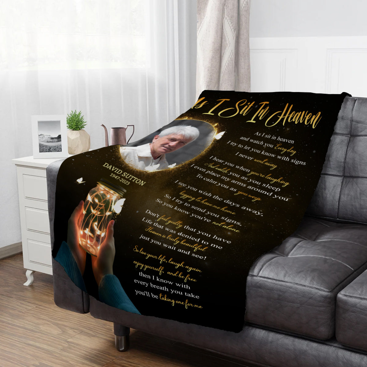 Sympathy Gifts, Personalized Memorial Blanket With Photo, Remembrance Blanket, Memorial Message From Above, Heaven Remembrance, Glowing Jar With Butterflies, Portrait Tribute Style