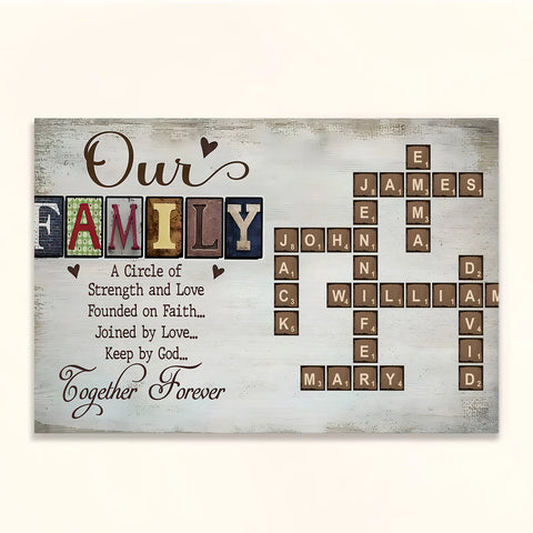Our Family A Circle Of Strength And Love, Founded On Faith Crossword Art Poster, Personalized Canvas Wall Art, Gifts For Mom Dad, Poster Prints Home Decor, Family Wall Hanging