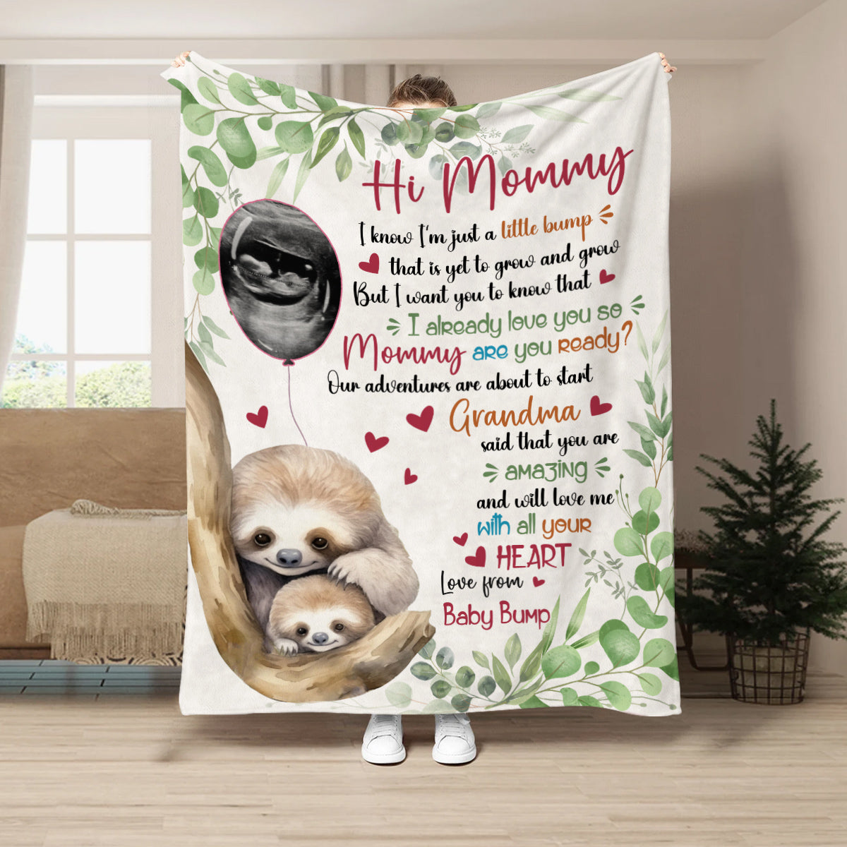I Already Love You Leaf Mommy Baby Sloth With Balloon Green Leaf, Personalized Blanket, Gifts For New Mommy, Fleece Sherpa, New Mom Blanket, Gifts For Mother's Day