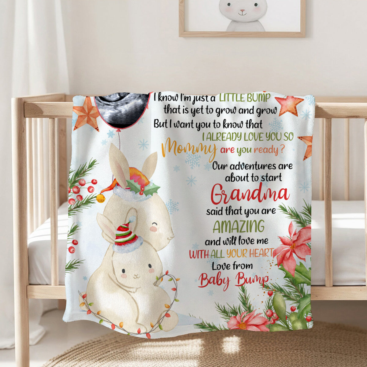 Personalized Bunny Pregnancy Announcement Blanket From Baby Bump, Ultrasound Gifts For New Mom And Dad, Soft Cozy Blanket For Expecting Parents, Baby Reveal Keepsake Christmas Presents