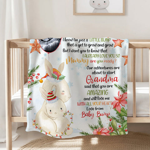 Personalized Bunny Pregnancy Announcement Blanket From Baby Bump, Ultrasound Gifts For New Mom And Dad, Soft Cozy Blanket For Expecting Parents, Baby Reveal Keepsake Christmas Presents