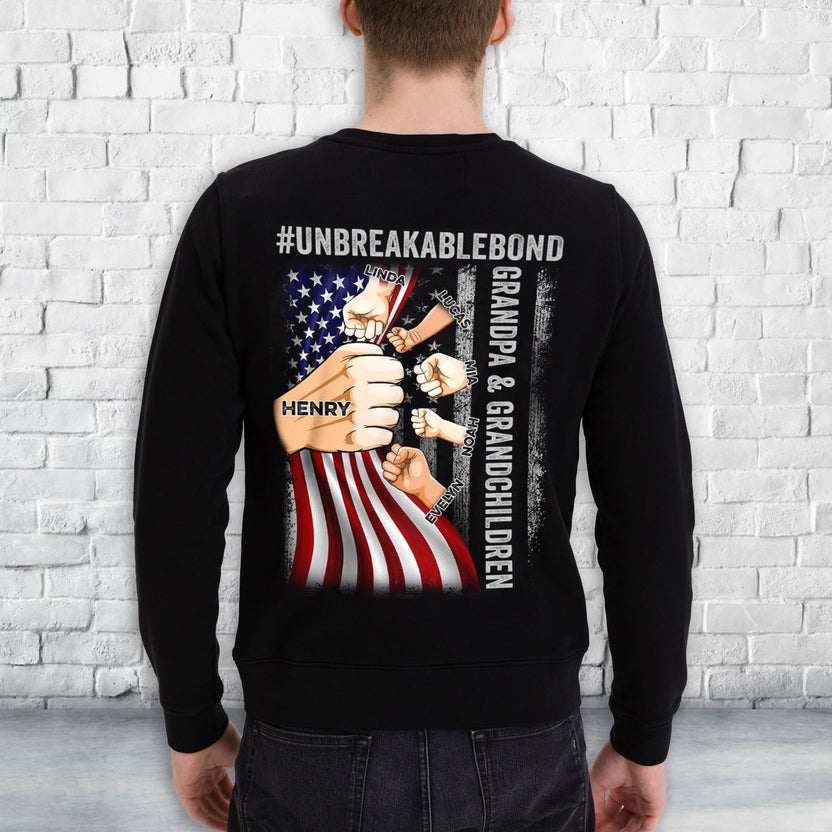 Personalized Shirt For Papa From Grandkids Custom Name Grandpa & Grandsons Granddaughters Unbreakable Bond Flag Back Side T-Shirt Papa Gifts Shirts For Men Family On Christmas