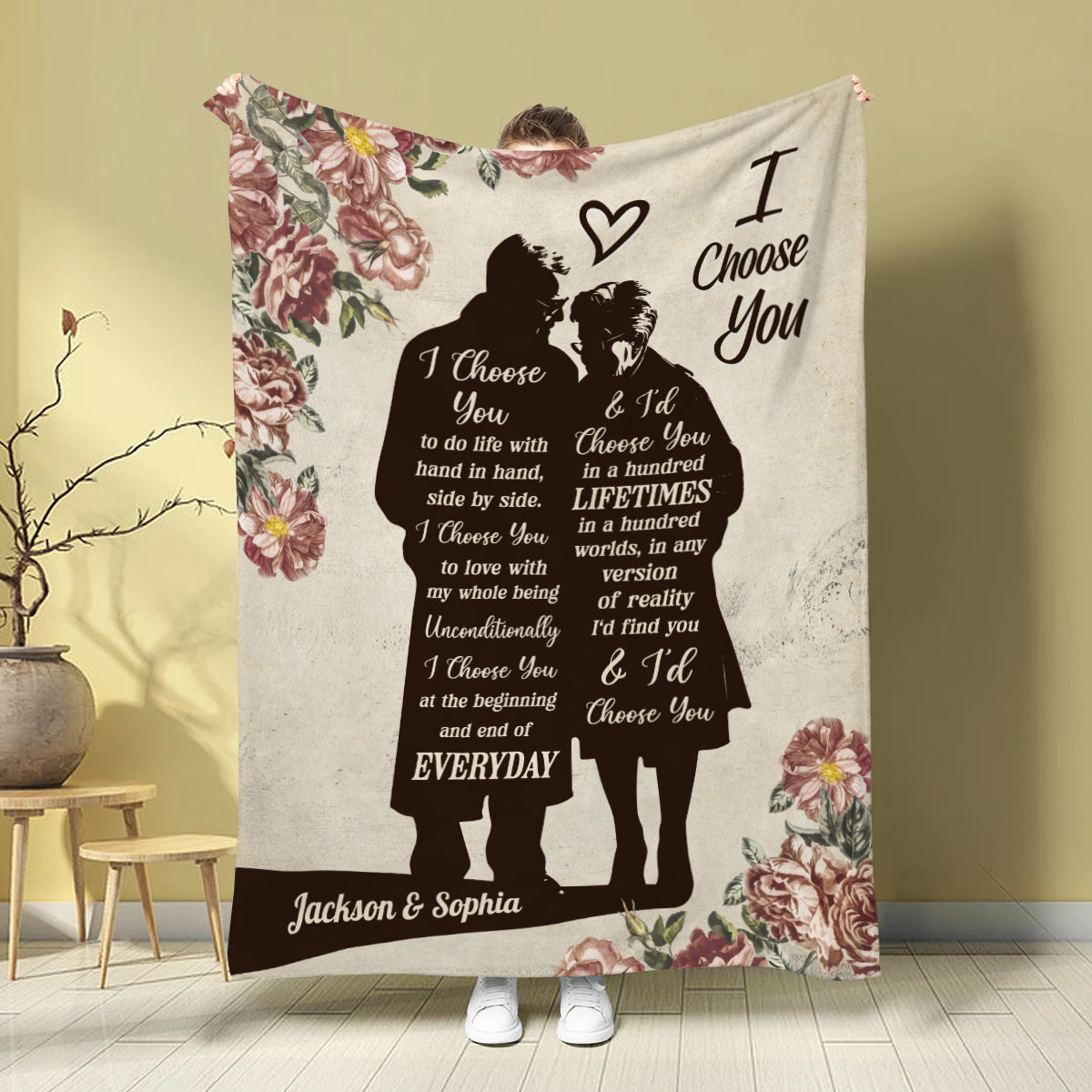 Old Couple Silhouette Vintage I'd Find You & I'd Choose You Floral Printed, Personalized Blanket, Gifts For Him Her