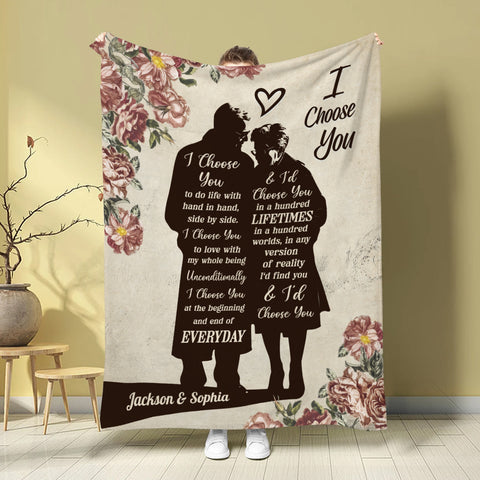Old Couple Silhouette Vintage I'd Find You & I'd Choose You Floral Printed, Personalized Blanket, Gifts For Him Her