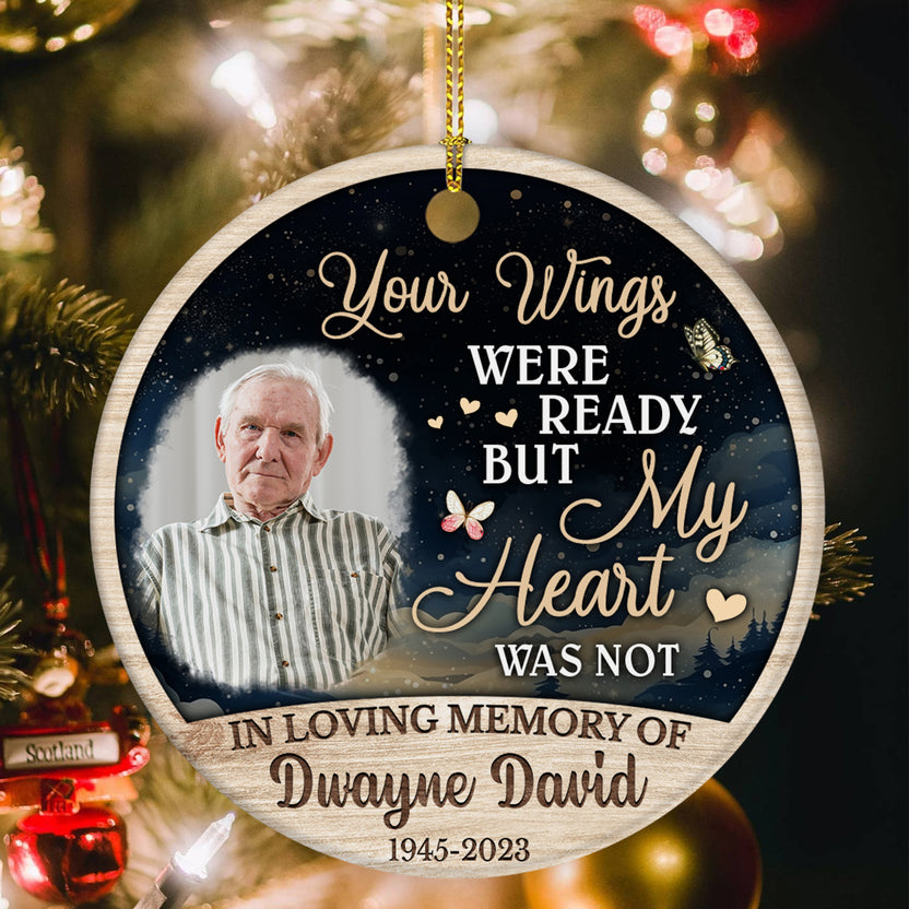 Sympathy Gifts, Personalized Photo Memorial Ornament, Your Wings Were Ready But Hearts Was Not Butterflies Hearts Wooden Background, Gifts For Loss Of Mom Dad, Xmas Tree Decoration
