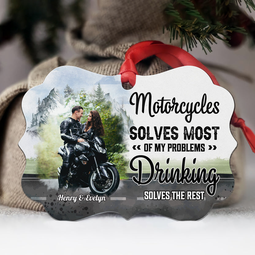 Motorcycle Couple Ornament, Motorcycles Solves Of My Problems Drinking Solves The Rest, Biker Love Photo Design, Custom Names, Gifts For Him Her Xmas Tree Decor, Gifts For Valentines
