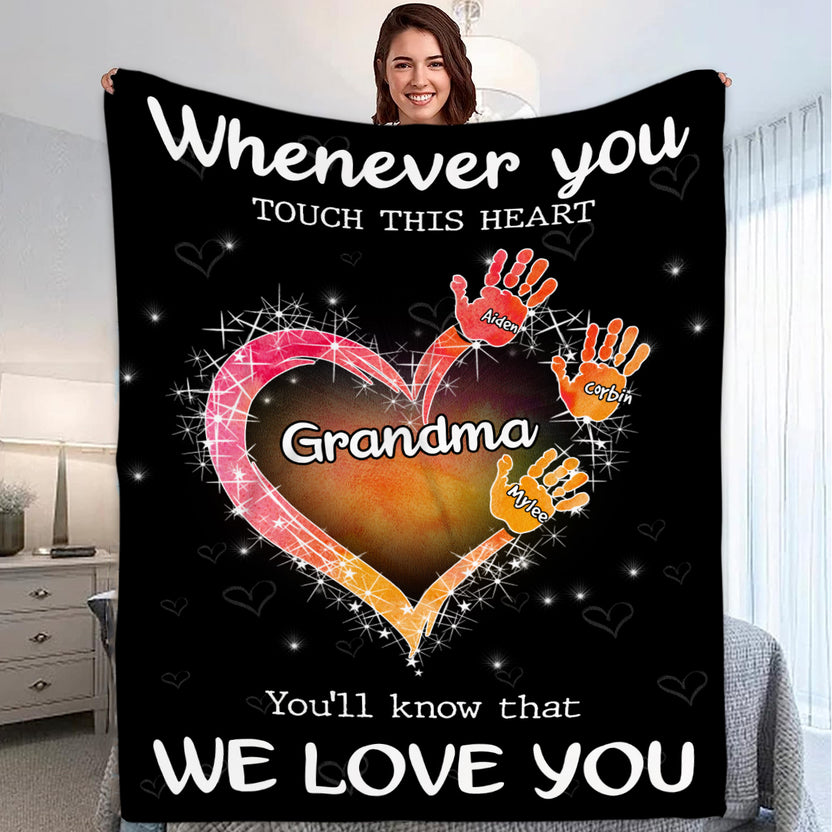 Unique Gifts For Grandma, Whenever You Touch This Heart Handprints, Personalized Blanket, Gifts For Abuela From Grandchildren, Custom Fleece Sherpa Blanket, Gifts For Christmas Xmas