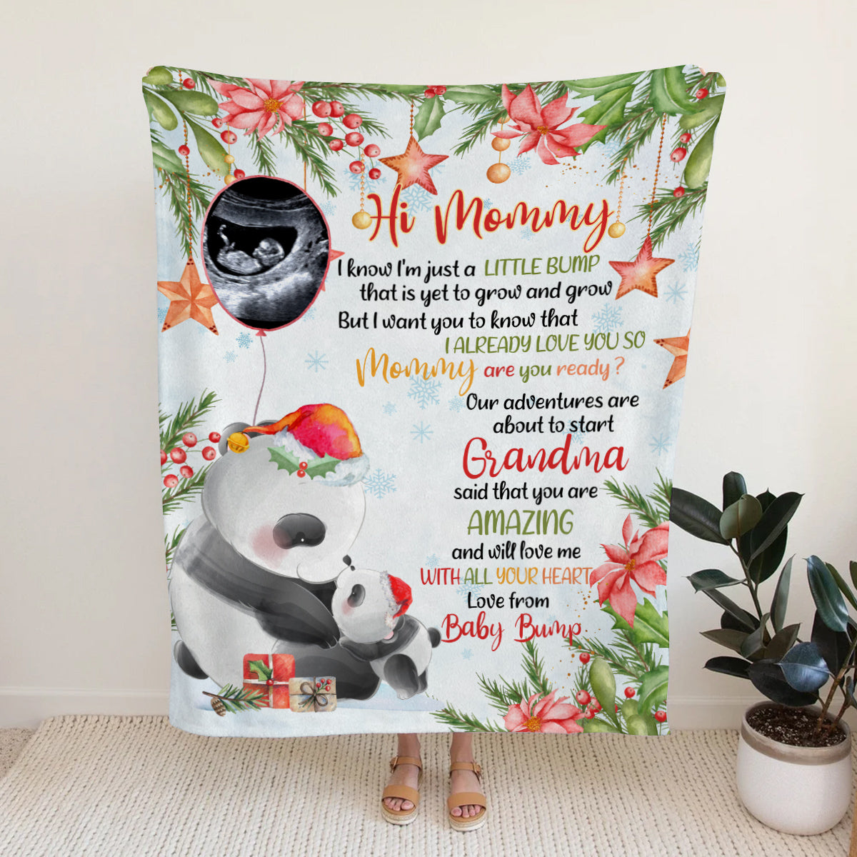 Personalized Panda Christmas Baby Blanket, Custom Photo Ultrasound Baby Bump Gifts For New Mom New Dad Wife, Christmas Fleece Sherpa Blanket Expecting Parents Gifts For Mom To Be,