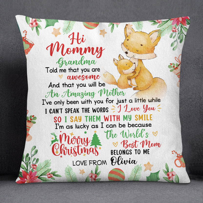 Personalized Square Pillow For New Mom From Newborn Baby Gifts Grandma Told Me That You Are Awesome Merry Christmas Cute Fox Custom Name Double Sided Sofa Couch Cushion On Christmas