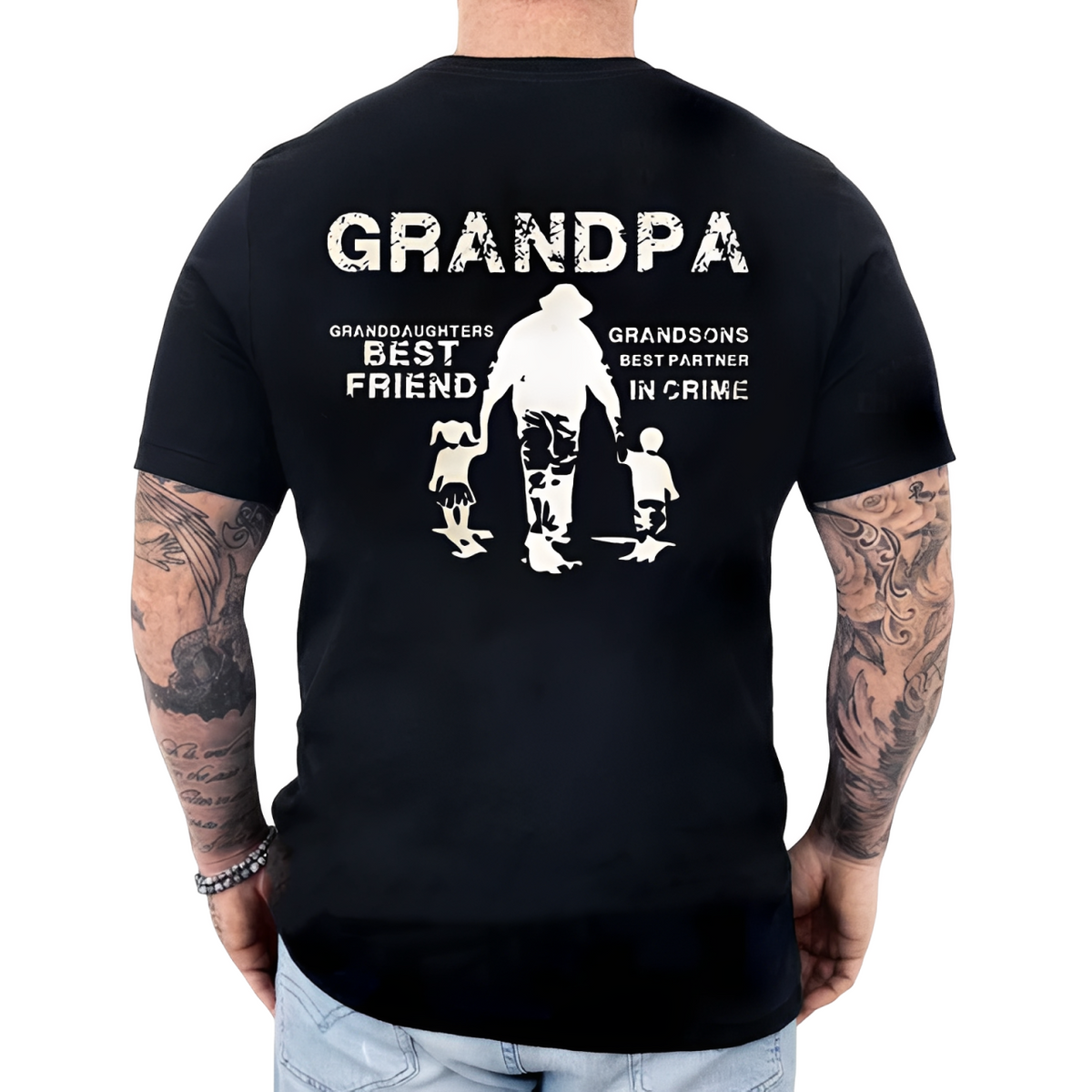 Grandpa Back Print T Shirt, Granddaughters B*St Friend Grandsons B*St Partner In Crime Shirt, Grandfather Gift, Fathers Day Gift For Men, Unisex Crewneck Pullover Tee, Classic Streetwear