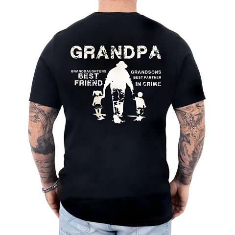 Grandpa Back Print T Shirt, Granddaughters B*St Friend Grandsons B*St Partner In Crime Shirt, Grandfather Gift, Fathers Day Gift For Men, Unisex Crewneck Pullover Tee, Classic Streetwear