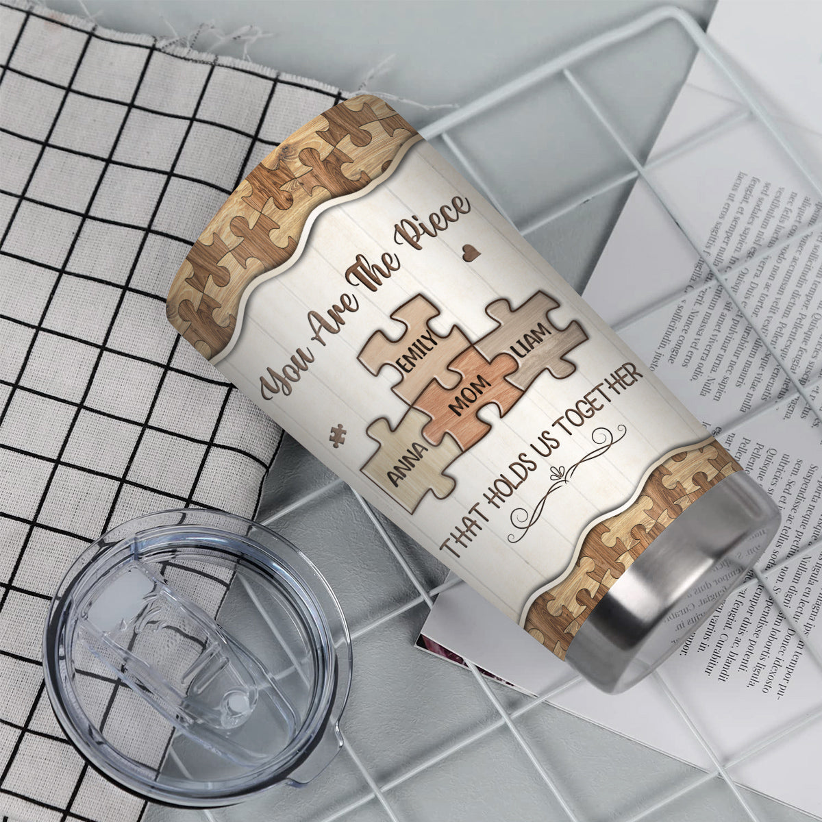 You Are The Pieces That Holds Us Together Wooden Piece , Personalized Tumbler, Gifts For Mom Mother From Daughter Son, 20oz With Lid Travel Cup, Gifts For Birthday Mothers Day