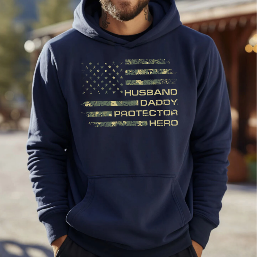 Vintage American Flag Husband Daddy Protector Hero Shirt, Patriotic Dad Tee, Father’S Day Gift For Husband, Cool Dad Graphic T Shirt, Military Style Family Man Tee, Gift For Daddy