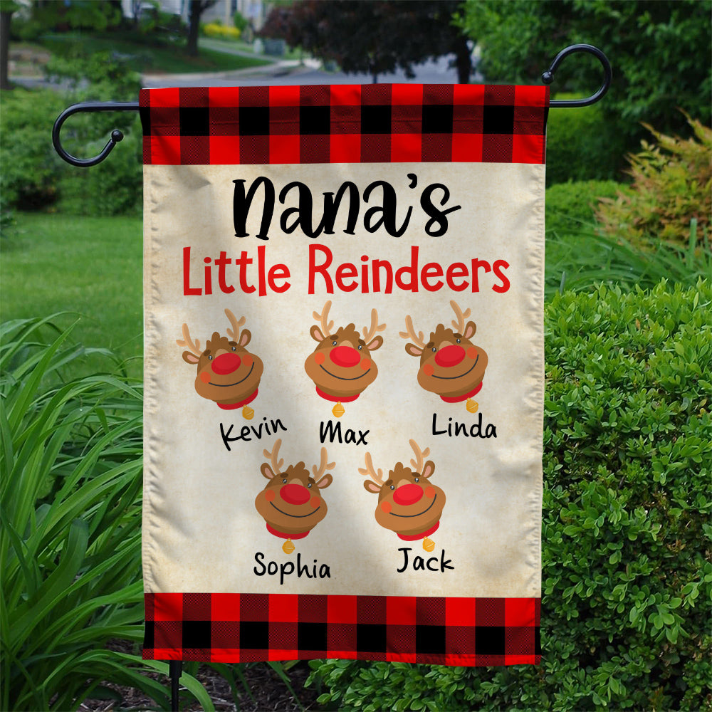 Nana's Little Reindeers Garden Flag, Custom Grandkids Names Outdoor Banner, Red Plaid Yard Decor, Christmas Reindeer Names Yard Sign, Holiday Decor Garden Flag, Gifts For Grandkids