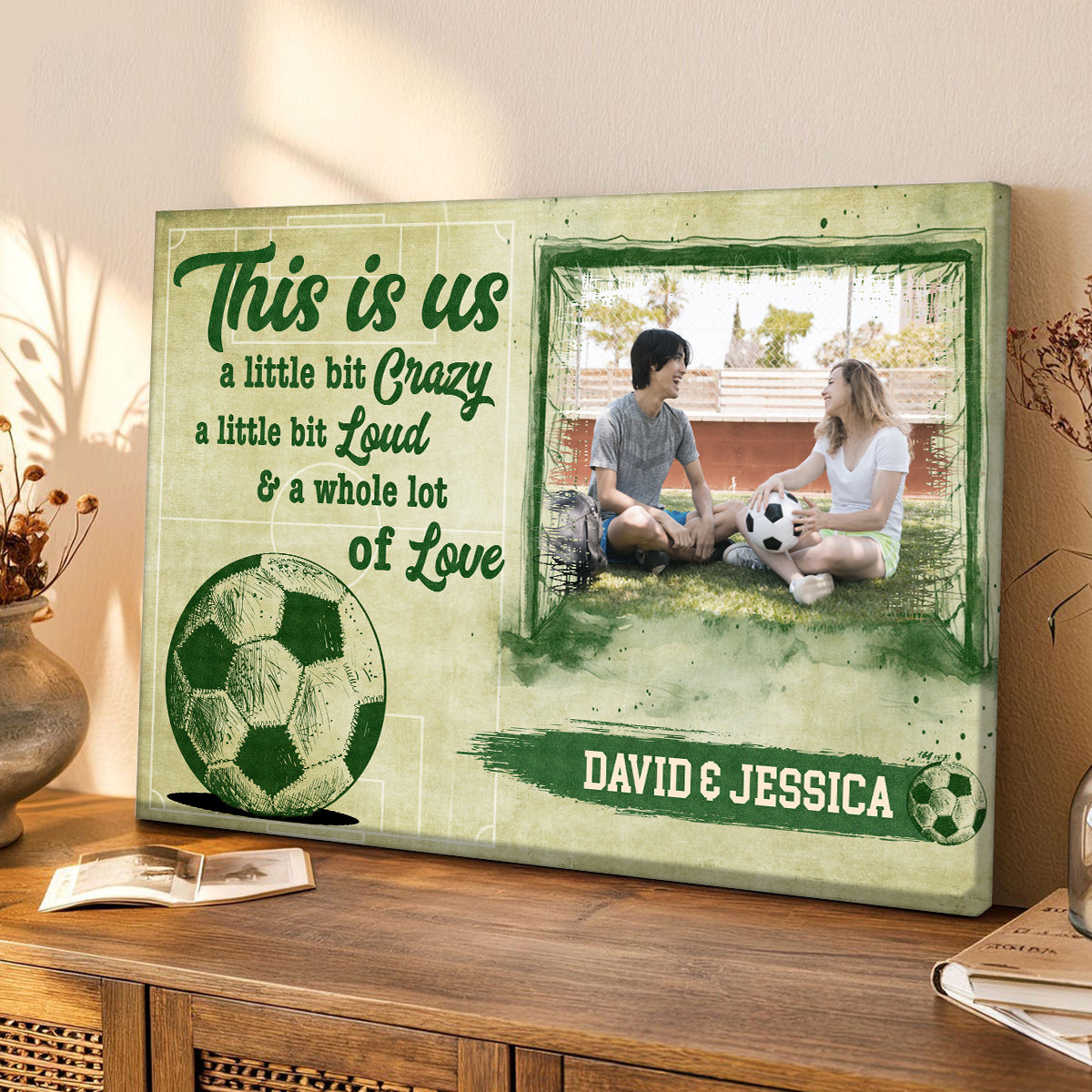 Personalized Name Soccer Couple Poster Canvas Print, A Little Bit Loud & A Whole Lot Of Love Quote, Sports Theme Wall Art, Personalized Canvas Wall Art, Gifts For Him Her Couple Love