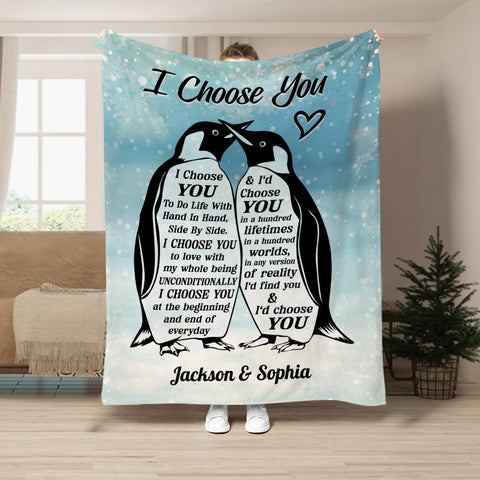 Mr And Mrs Gifts, Penguin Couple Silhouette Vintage I'd Find You & I'd Choose You, Personalized Blanket, Gifts For Him Her Honey, Custom Fleece Sherpa Blanket For Valentine Anniversary