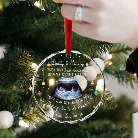 Twins Ultrasound Glass Ornament, Daddy & Mommy Last Quiet Christmas Quote, Custom Sonogram Christmas Gift, Expecting Parents Reveal Keepsake