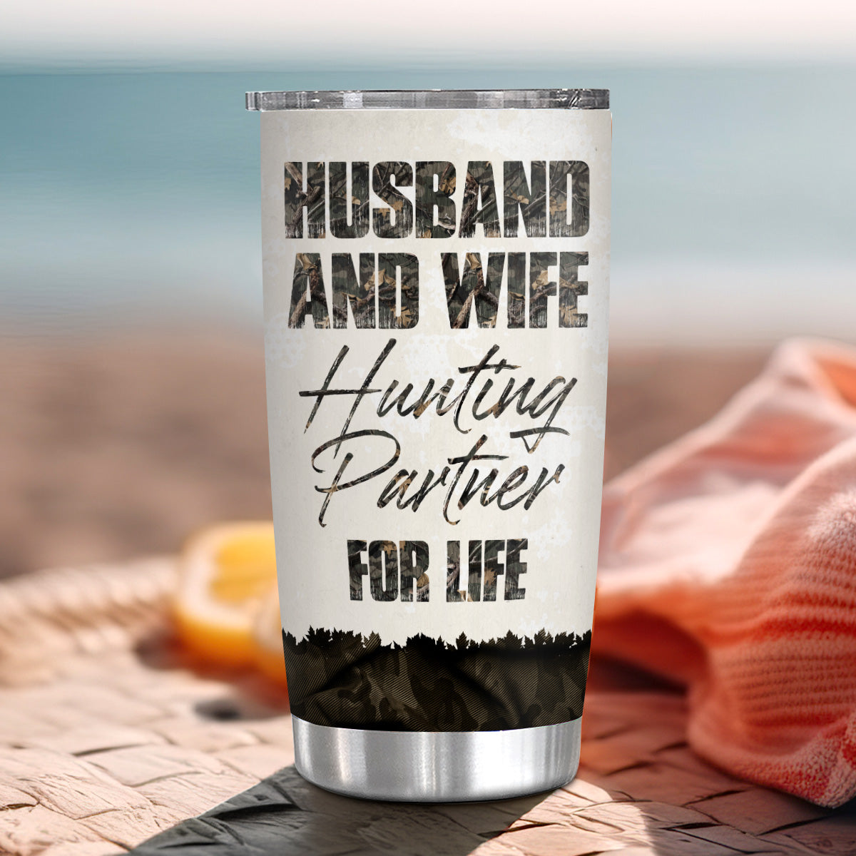 Buck And Doe Camo Pattern Deer Hunting Couple Husband And Wife Hunting Partner For Life, Personalized Tumbler, Gifts For Him Her, Custom 20oz With Lid Travel Cup, Gifts To Valentine