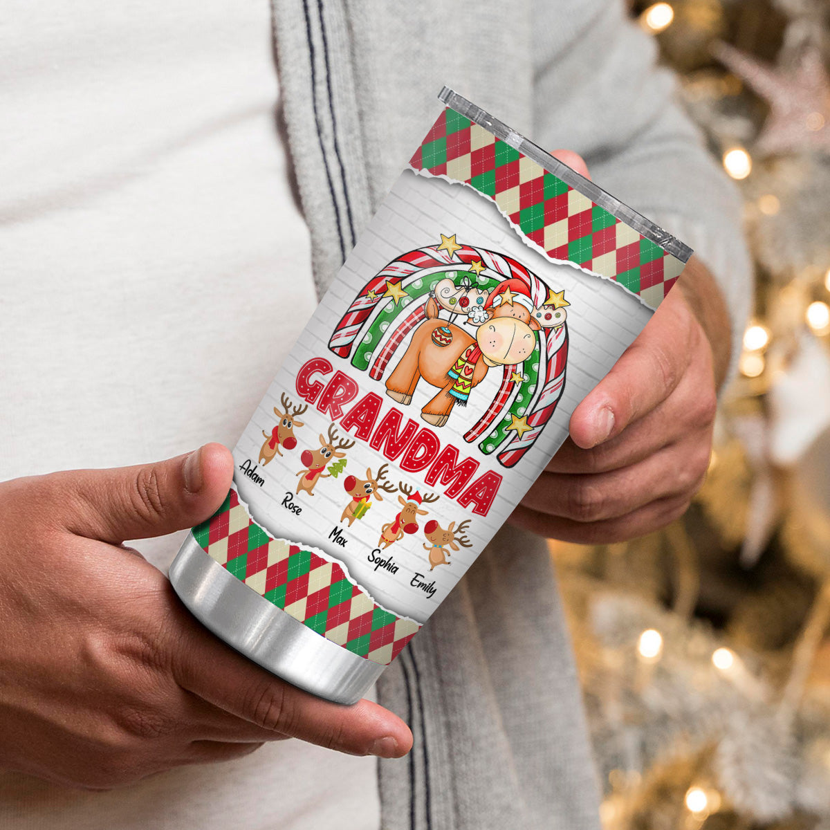 Cute Christmas Rainbow Tumbler, Grandma Custom Grandchildren Names Travel Cup, Winter Drinkware Cup, Rainbow Reindeer Family Names Travel Tumbler, Gifts For Nana From Grandkids, 20oz