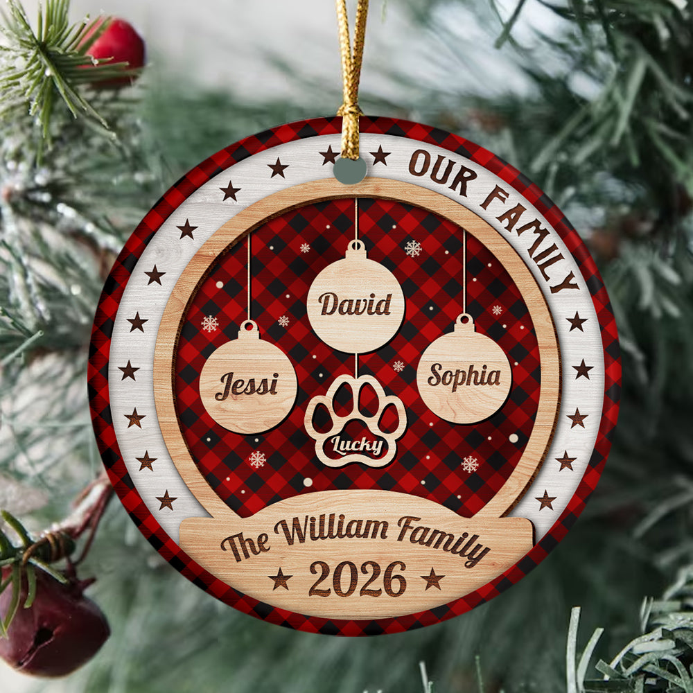 Personalized Ornament For Parents Grandparents Kids Grandkids Family Gifts Our Family Bauble Pawprint With Names Red Plaid Snowflake, Dog Lover Tree Decor Keepsake, Custom Names