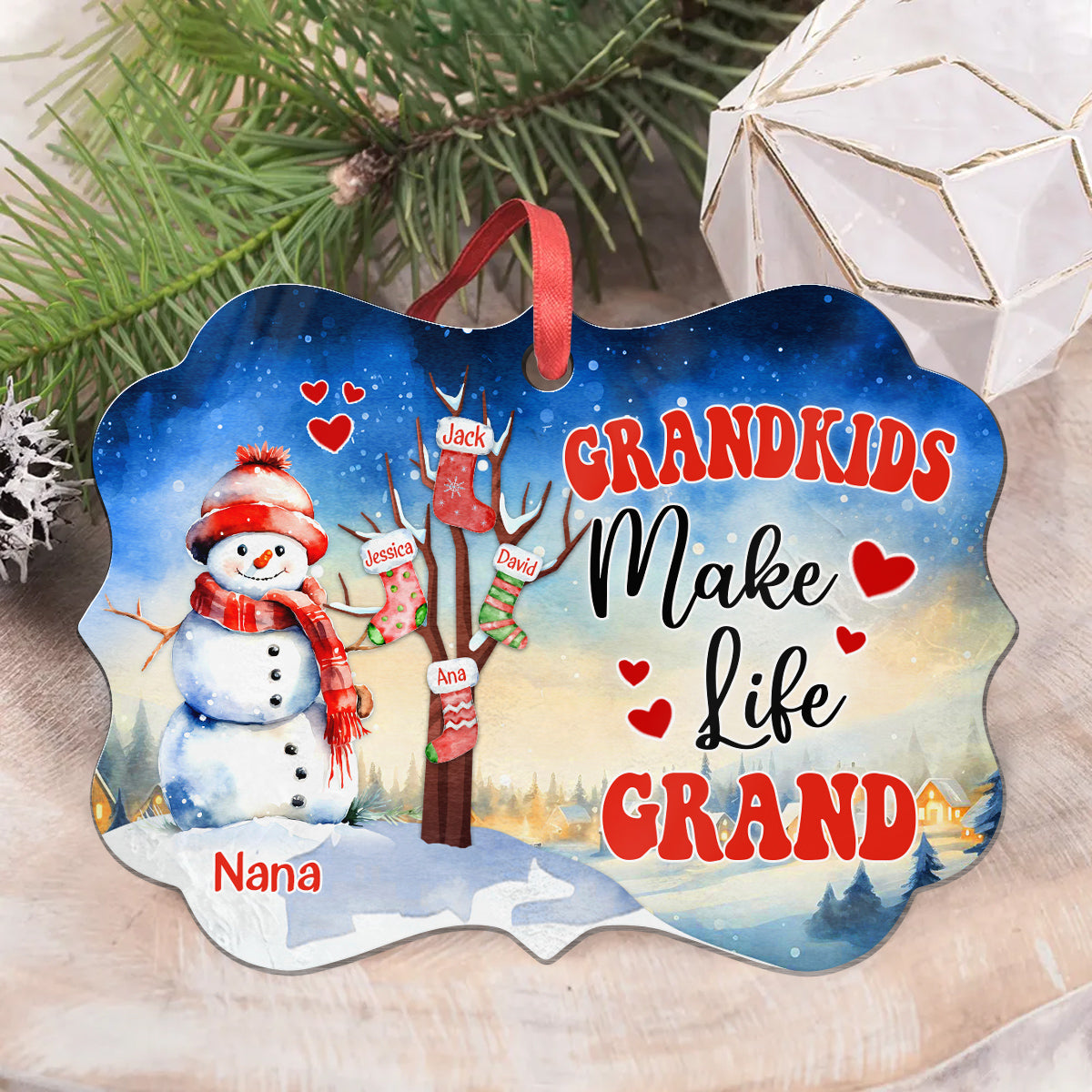 Gifts For Grandma, Cute Stocking In Xmas Tree Grandkids Make Life Grand, Personalized Christmas Ornament, Gifts For Gigi From Grandkids, Xmas Tree Hanging Medallion Aluminum Ornament