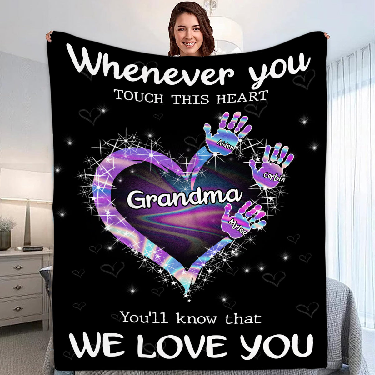 Grandma Gifts, Whenever You Touch This Heart Handprints, Personalized Blanket, Gifts For Grammy From Grandson Custom Fleece Sherpa Blanket, Gifts For Christmas Xmas Birthday Mothers Day
