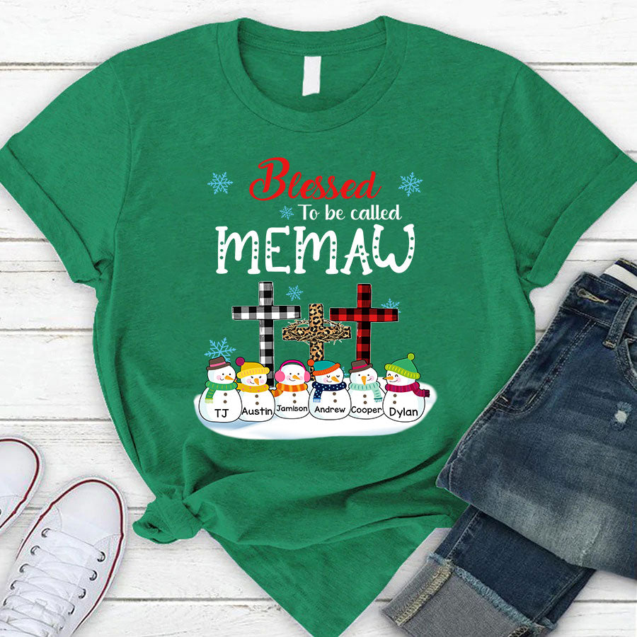 Personalized To My Nana Gifts For Grandma Blessed To Be Called Memaw Christ Cross Jesus With Snowmen T-Shirt Custom Names From Grandkids For Nana Birthday Christmas Customized Unisex Shirt
