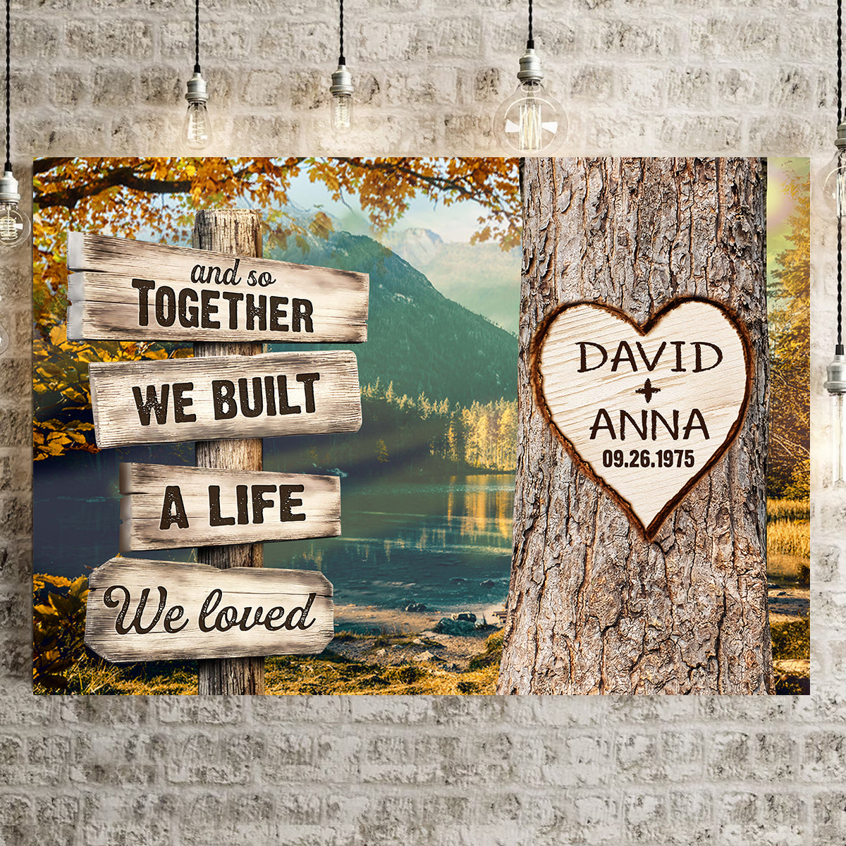 And So Together We Built A Life We Loved Custom Name & Date Heart Carving On Tree Rustic Wood Sign With Autumn Forest Poster