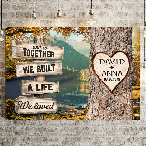 And So Together We Built A Life We Loved Custom Name & Date Heart Carving On Tree Rustic Wood Sign With Autumn Forest Poster