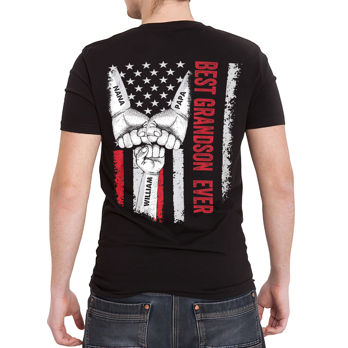Personalized T-Shirt For Grandson Boy From Grandpa Grandma Unique Grandsons Gifts Vintage Grandson Ever Fist Bump Flag Custom Name Short Sleeve Tee Shirt For Birthday Graduation