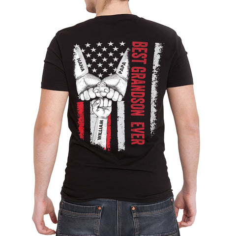 Personalized T-Shirt For Grandson Boy From Grandpa Grandma Unique Grandsons Gifts Vintage Grandson Ever Fist Bump Flag Custom Name Short Sleeve Tee Shirt For Birthday Graduation