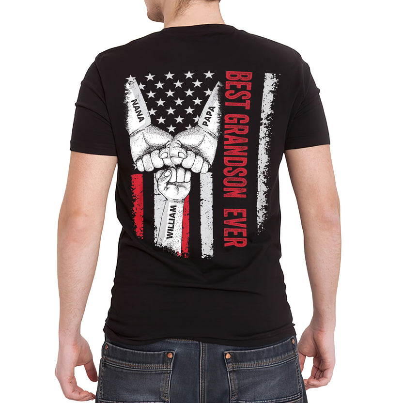 Personalized T-Shirt For Grandson Boy From Grandpa Grandma Unique Grandsons Gifts Vintage Grandson Ever Fist Bump Flag Custom Name Short Sleeve Tee Shirt For Birthday Graduation