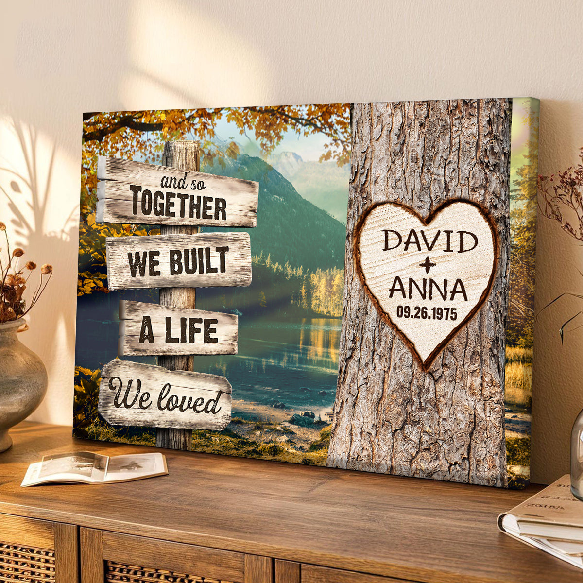 And So Together We Built A Life We Loved Custom Name & Date Heart Carving On Tree Rustic Wood Sign With Autumn Forest Poster
