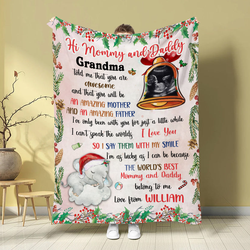 New Parents Gifts, Grandma Told Me That You Are Awesome Elephant And Sonogram Bell, Personalized Blanket, Gifts For Mom Dad