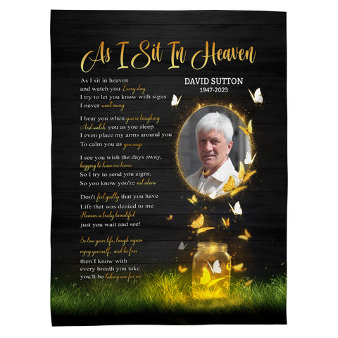 Sympathy Gifts, Memorial Blanket With Photo, Heaven Remembrance, Glowing Butterflies Artwork, Portrait Photo Center, Personalized Name, Comfort Message From Heaven, Loss Of Mom Dad
