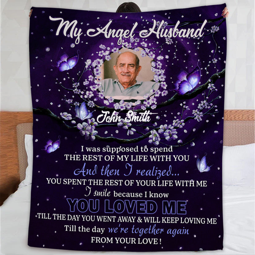 Sympathy Gifts, Personalized Memorial Blanket With Photo, My Angel Husband Purple Flowers Butterflies, Loss Of Husband Blanket, Fleece Sherpa, In Loving Memory Gifts For Anniversary