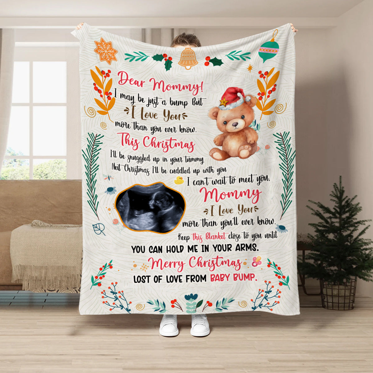 Mom To Be Gifts, This Christmas I'll Be Snuggled Up In Your Tummy Baby Ultrasound And Bear, Personalized Blanket, Gifts For Mommy , Fleece Sherpa, New Mom Blanket, Gifts For Christmas