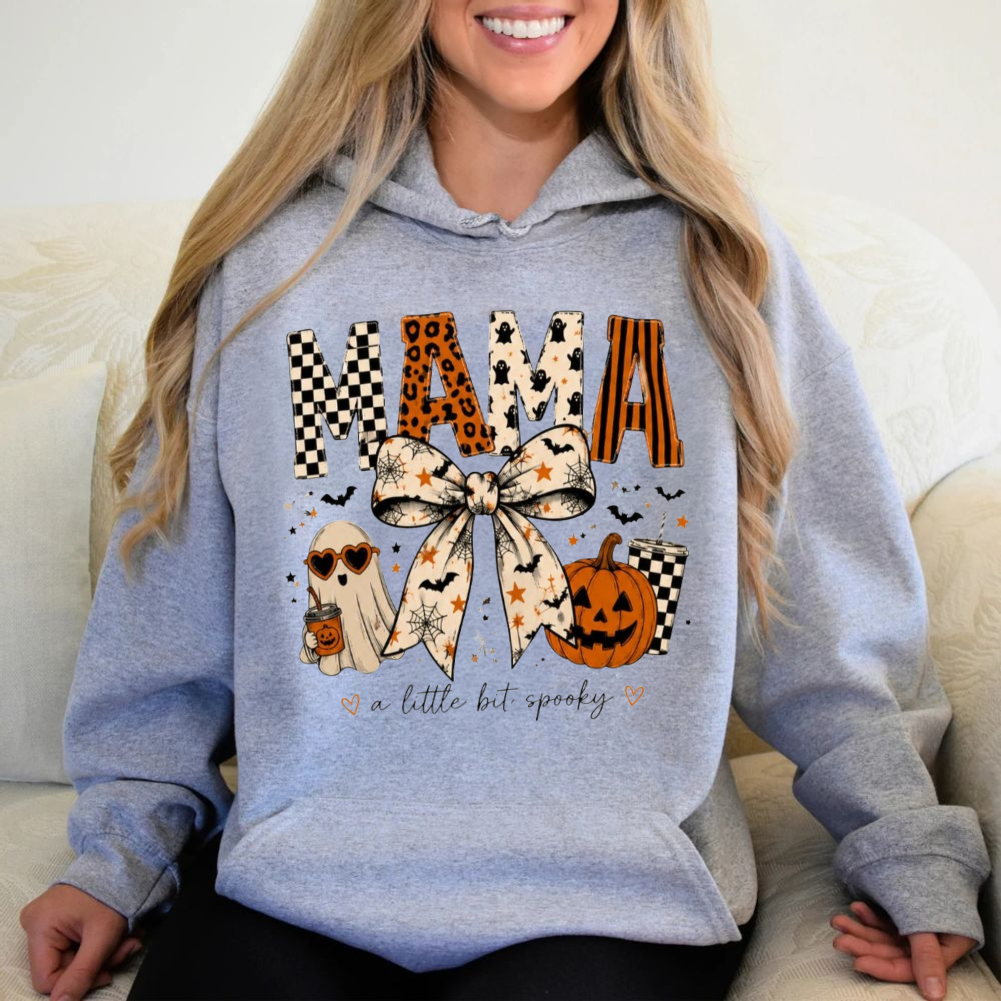 Halloween Mama Shirt, Spooky Mama Bow T Shirt, Mom Halloween Tee, Cute Ghost Pumpkin Shirt, Unisex Crewneck Pullover Tee, Casual Clothing