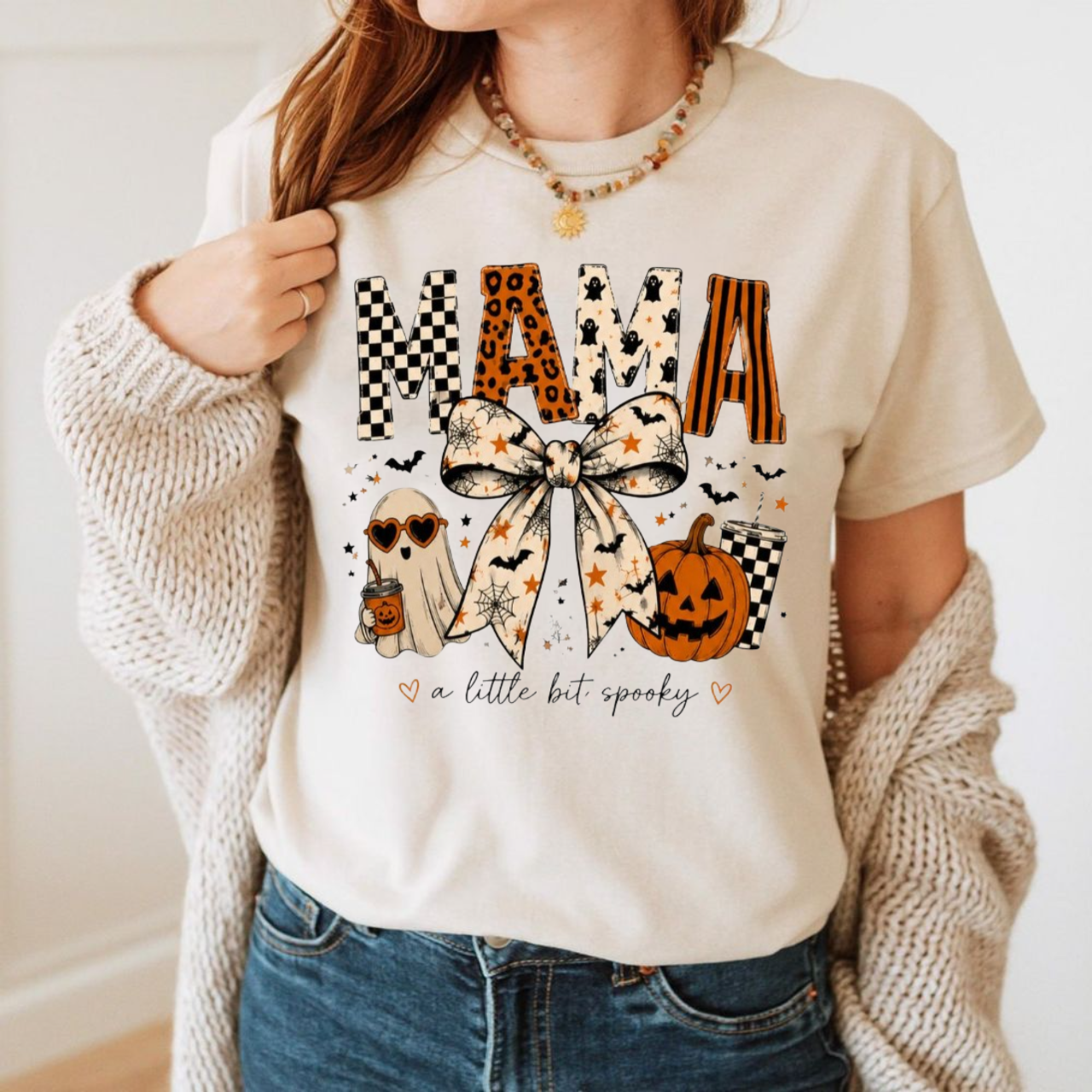 Halloween Mama Shirt, Spooky Mama Bow T Shirt, Mom Halloween Tee, Cute Ghost Pumpkin Shirt, Unisex Crewneck Pullover Tee, Casual Clothing